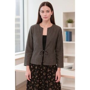 EILEEN FISHER Linen Blend Tie Front Cardigan Jacket Taupe Brown LP Large Petite